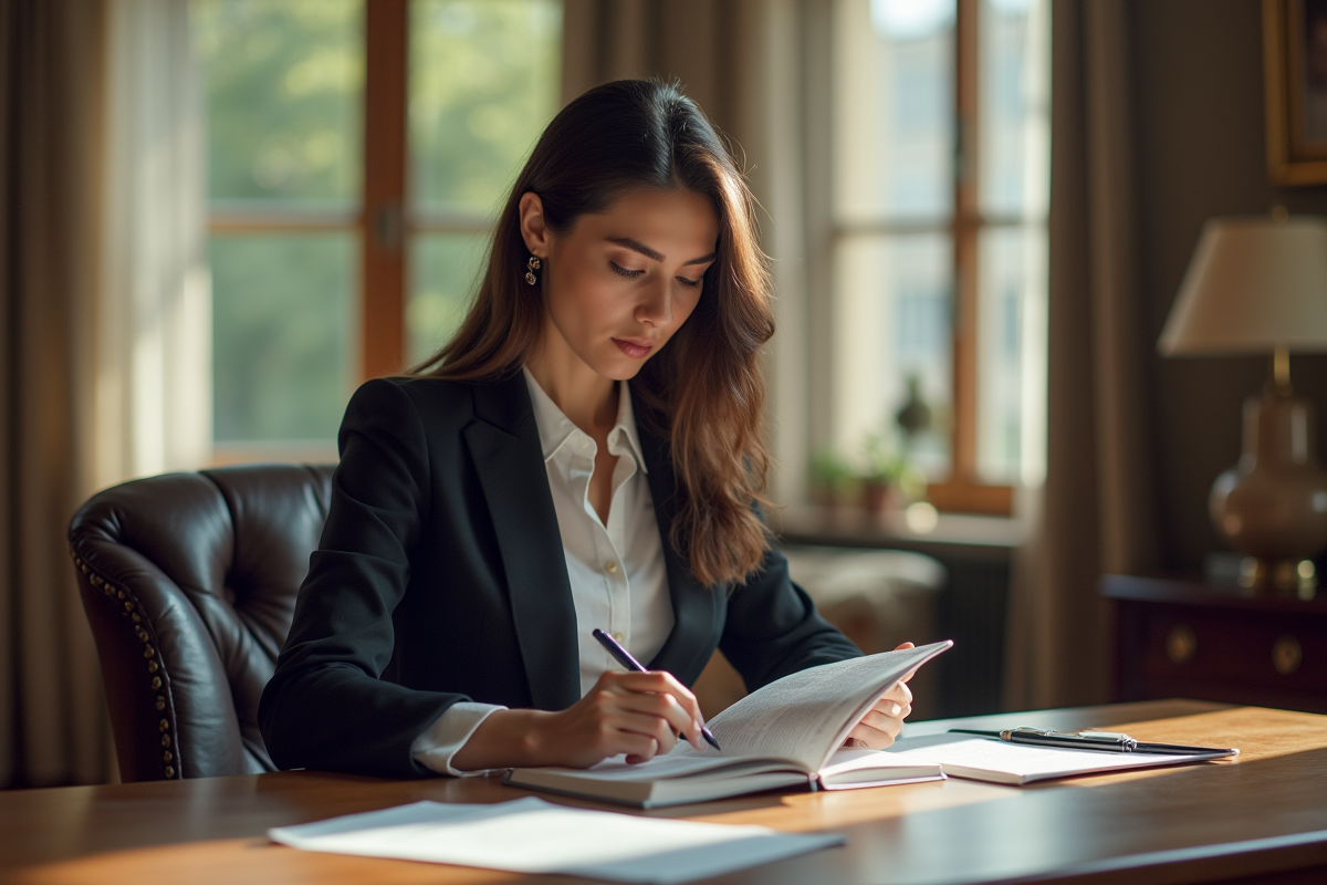 Femme lisant un livre de droit civil au bureau en lumière naturelle