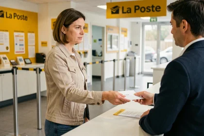 Femme remettant une lettre suivie à un guichet de La Poste en France