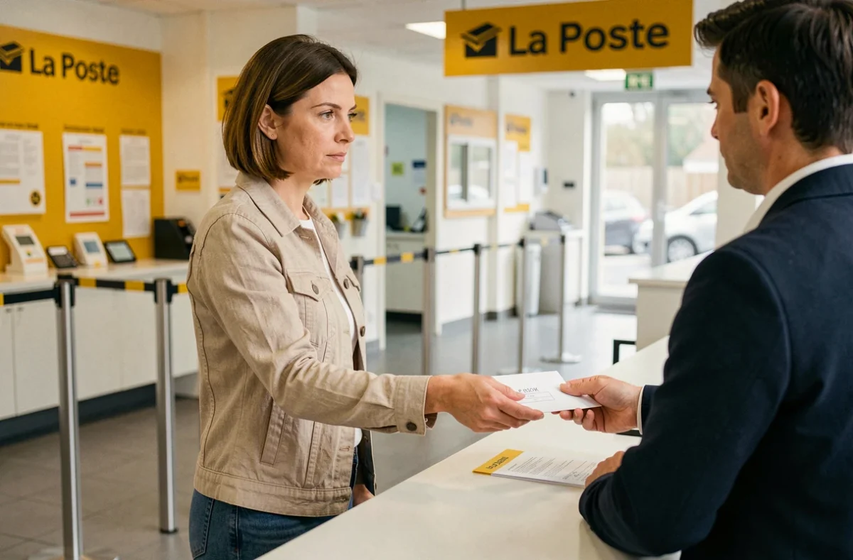 Femme remettant une lettre suivie à un guichet de La Poste en France