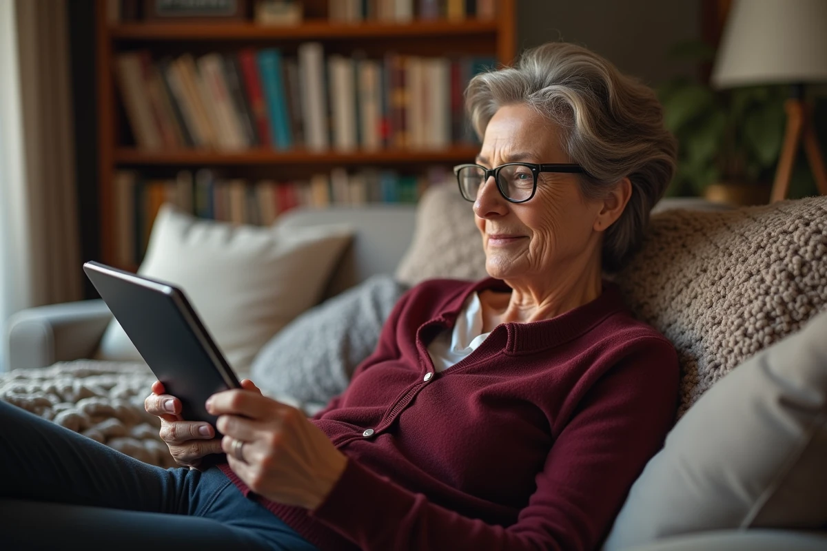 Femme avec lunettes consultant un site de mots fléchés sur tablette dans son salon confortable