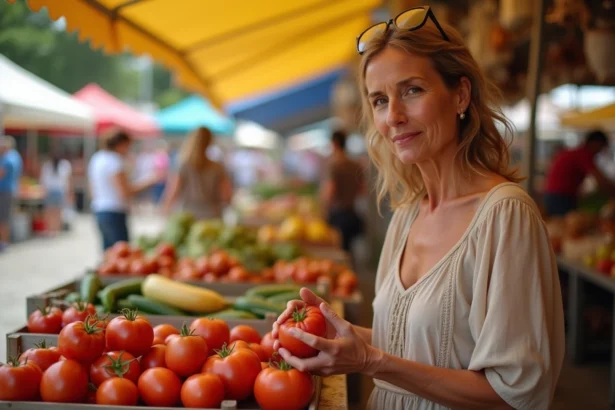 Femme examine des tomates au marché de Le Barcarès