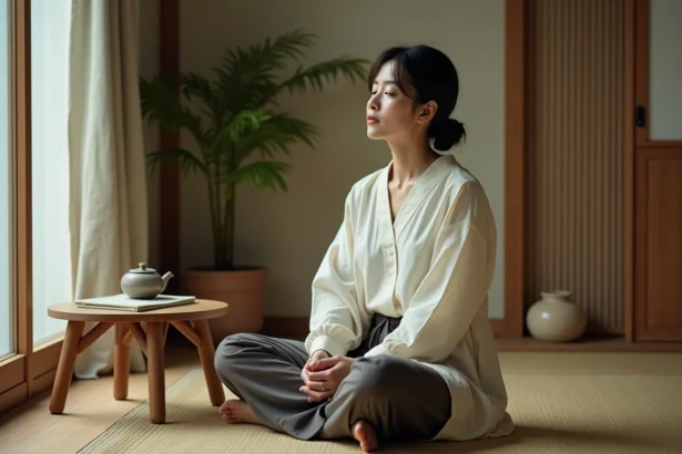 Femme en pleine méditation dans un intérieur minimaliste inspiré de la sagesse asiatique, symbolisant la récupération du burn-out