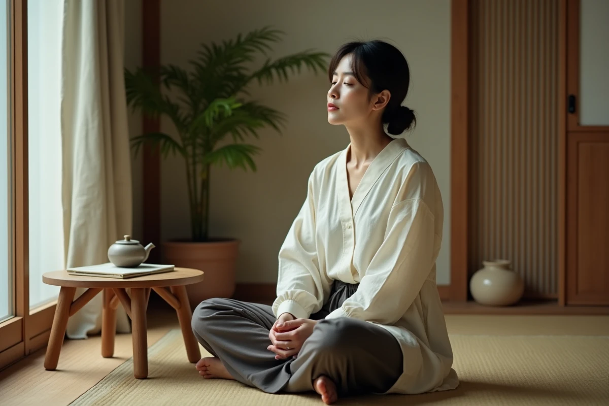 Femme en pleine méditation dans un intérieur minimaliste inspiré de la sagesse asiatique, symbolisant la récupération du burn-out