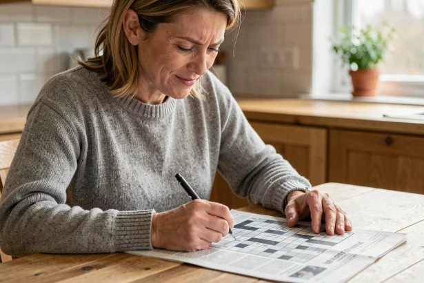 Femme concentrée résolvant des mots croisés à une table en bois, cherchant un mot de 4 lettres dans la grille