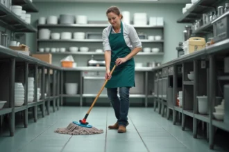 Femme en tenue de travail nettoyant un sol de cuisine