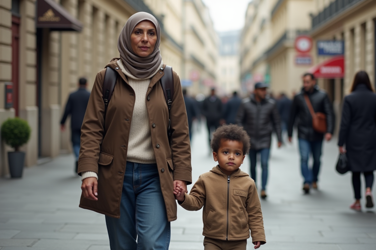Femme nord-africaine et son fils dans Paris