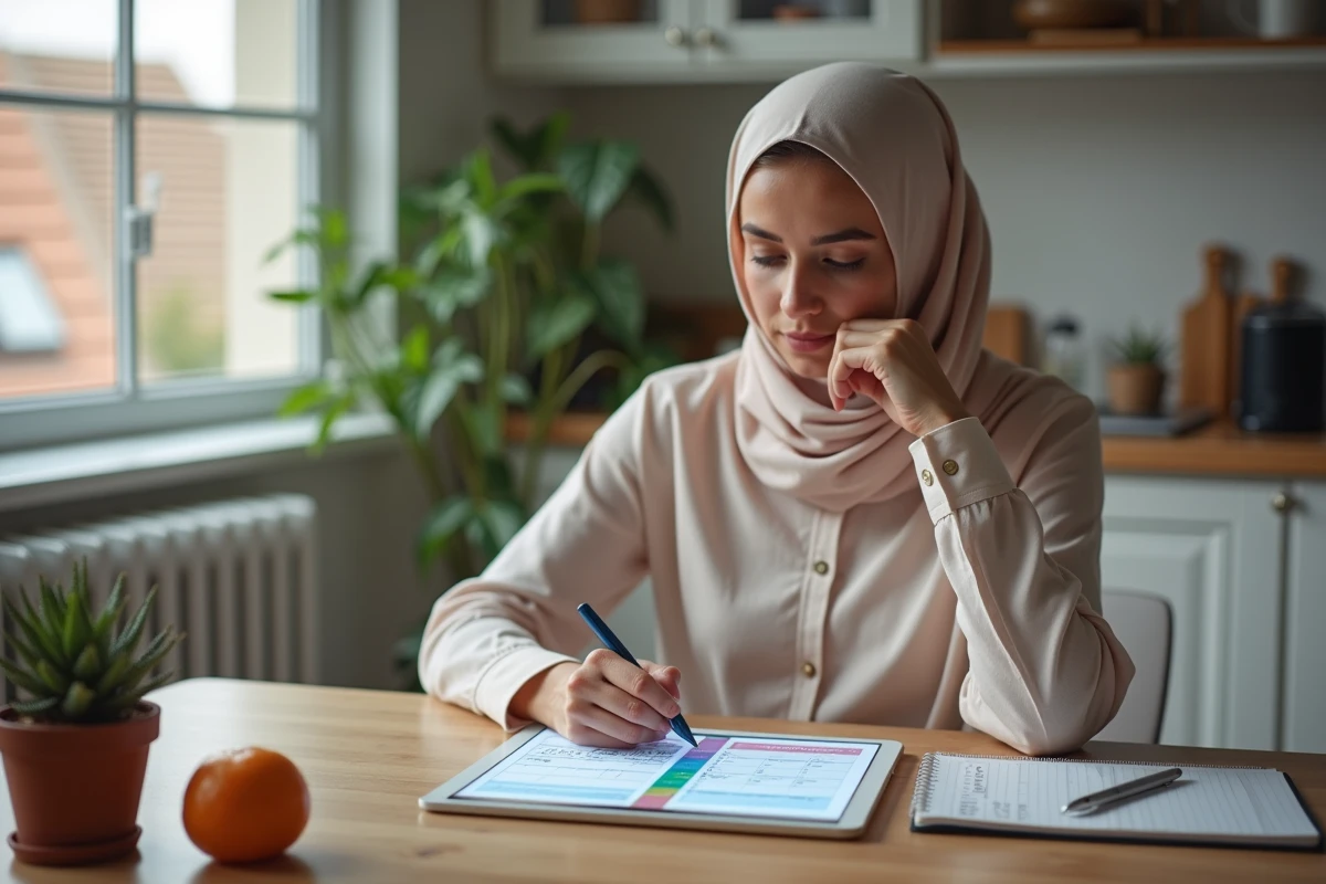 Jeune femme organisée avec tablette et planner pour prieres