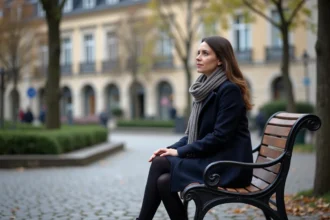 Femme assise sur un banc dans une ville française en automne