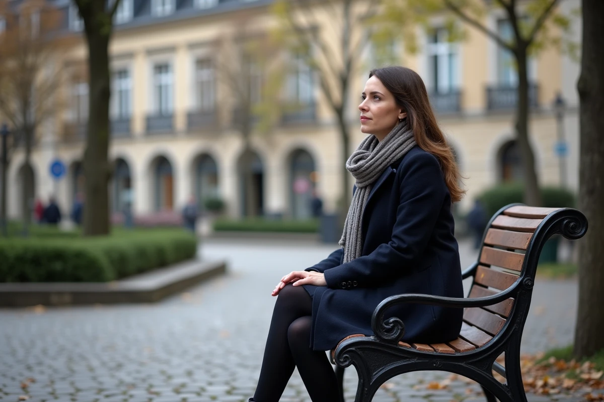 Femme assise sur un banc dans une ville française en automne