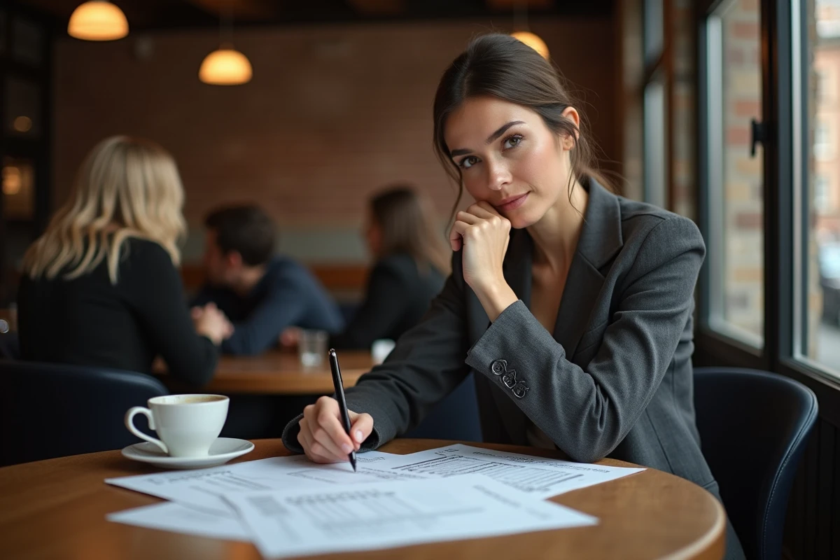 Femme parieuse expérimentée révisant ses stratégies de mise dans un café urbain moderne