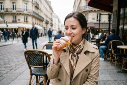 Femme élégante dégustant une pâtisserie à Paris