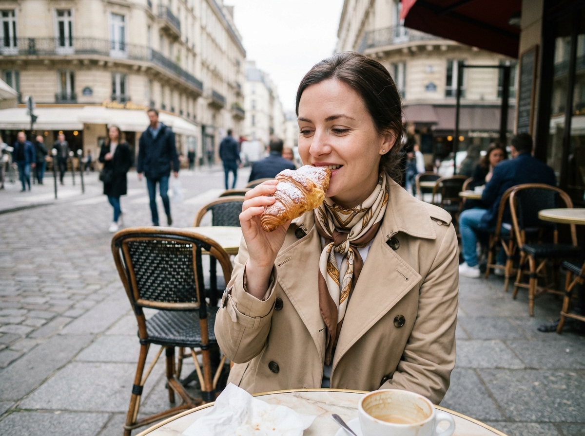 Femme élégante dégustant une pâtisserie à Paris