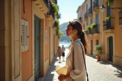 Femme consultant un plan papier dans une rue pittoresque d'un quartier de Marseille aux façades provençales