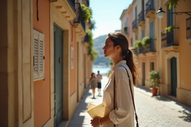 Femme consultant un plan papier dans une rue pittoresque d'un quartier de Marseille aux façades provençales