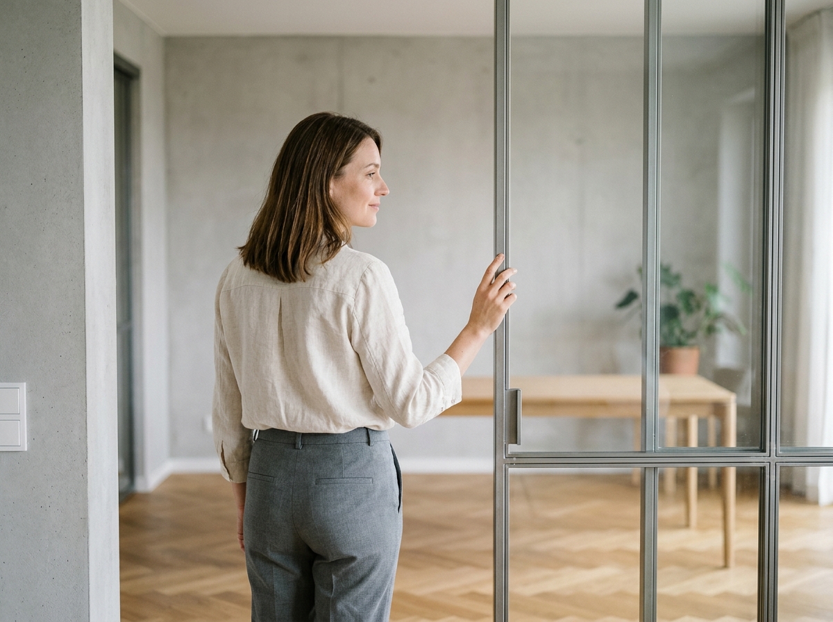 Femme ouvrant une porte coulissante vitrée intérieure dans un appartement de style scandinave