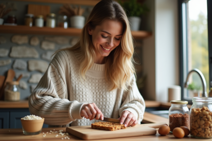 Jeune femme coupant une barre protéinée maison dans la cuisine
