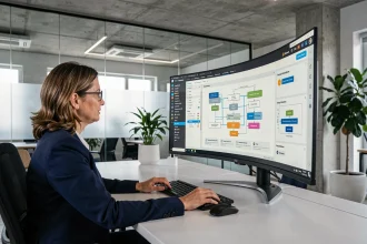 Professionnelle en blazer marine consultant un tableau de bord numérique de gestion de processus dans un bureau moderne