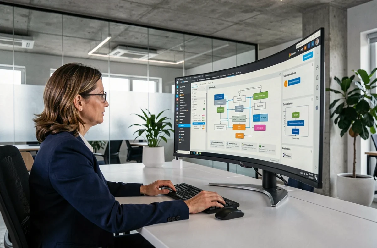 Professionnelle en blazer marine consultant un tableau de bord numérique de gestion de processus dans un bureau moderne