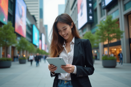 Jeune femme professionnelle utilisant une tablette en ville