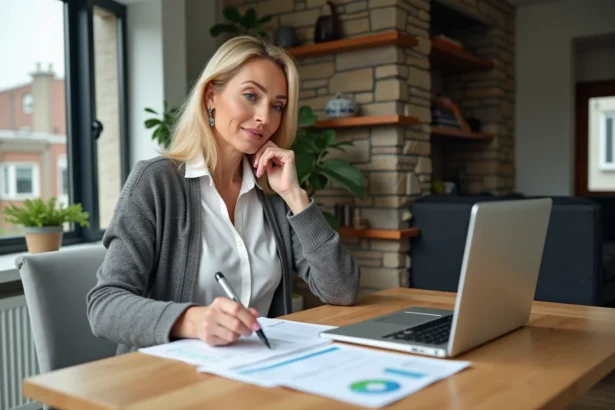 Femme d'âge moyen examine des comparatifs de taux hypothécaire