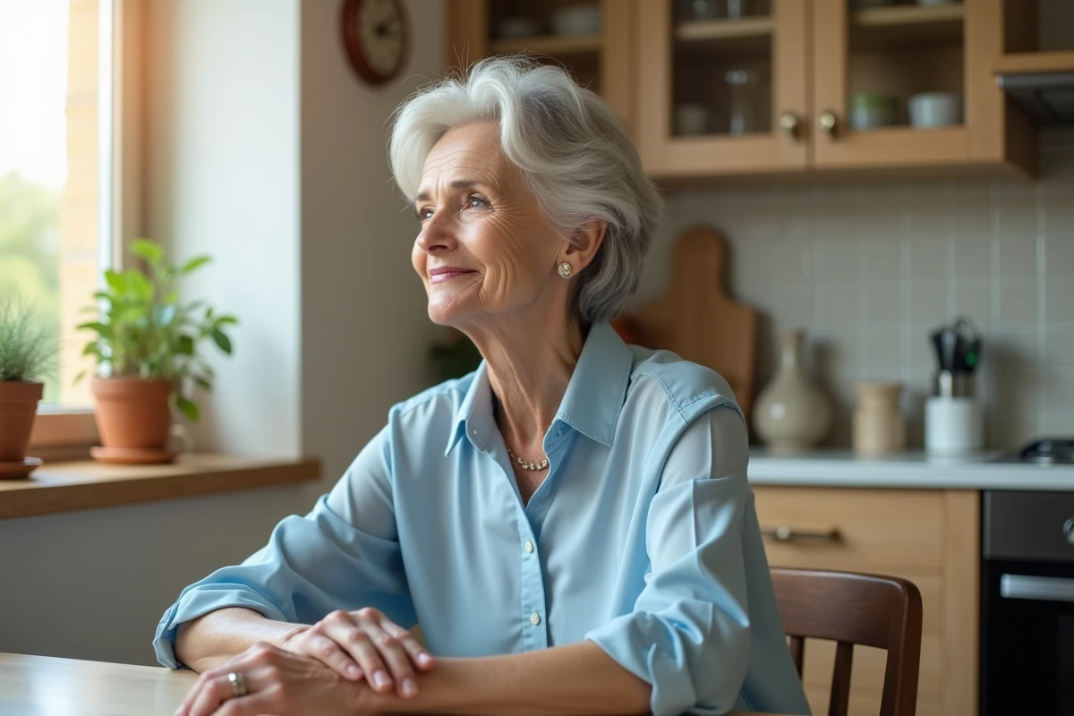 Femme de 50 ans dans une cuisine lumineuse et moderne