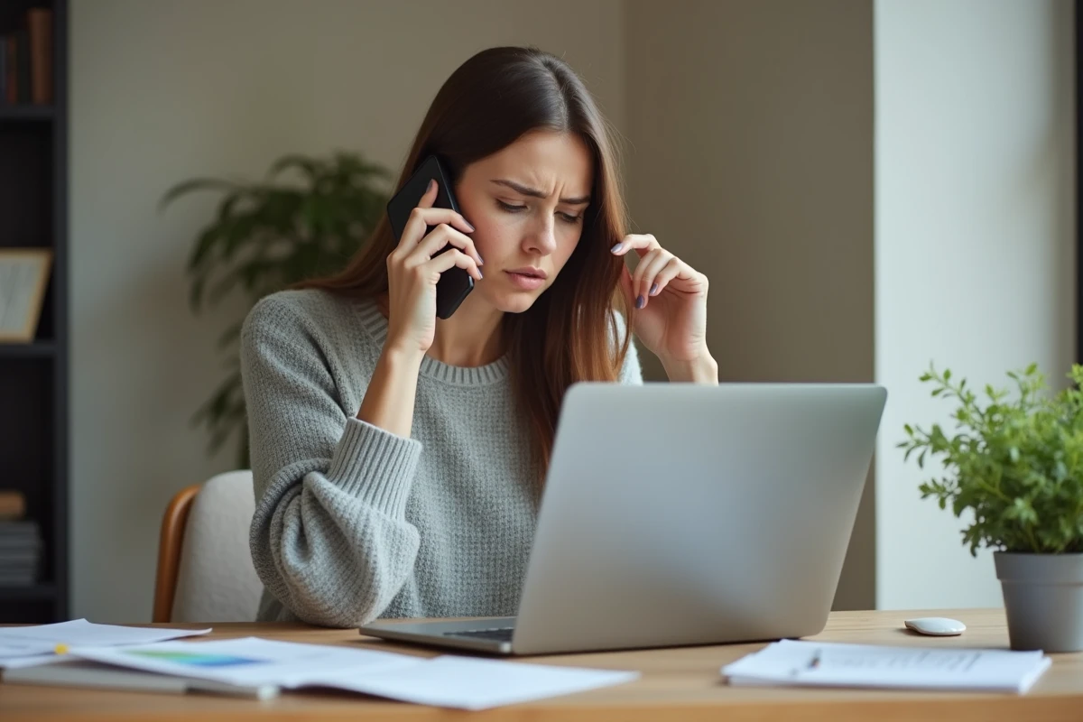 Femme frustrée cherchant le service client AliExpress sur son ordinateur portable tout en téléphonant