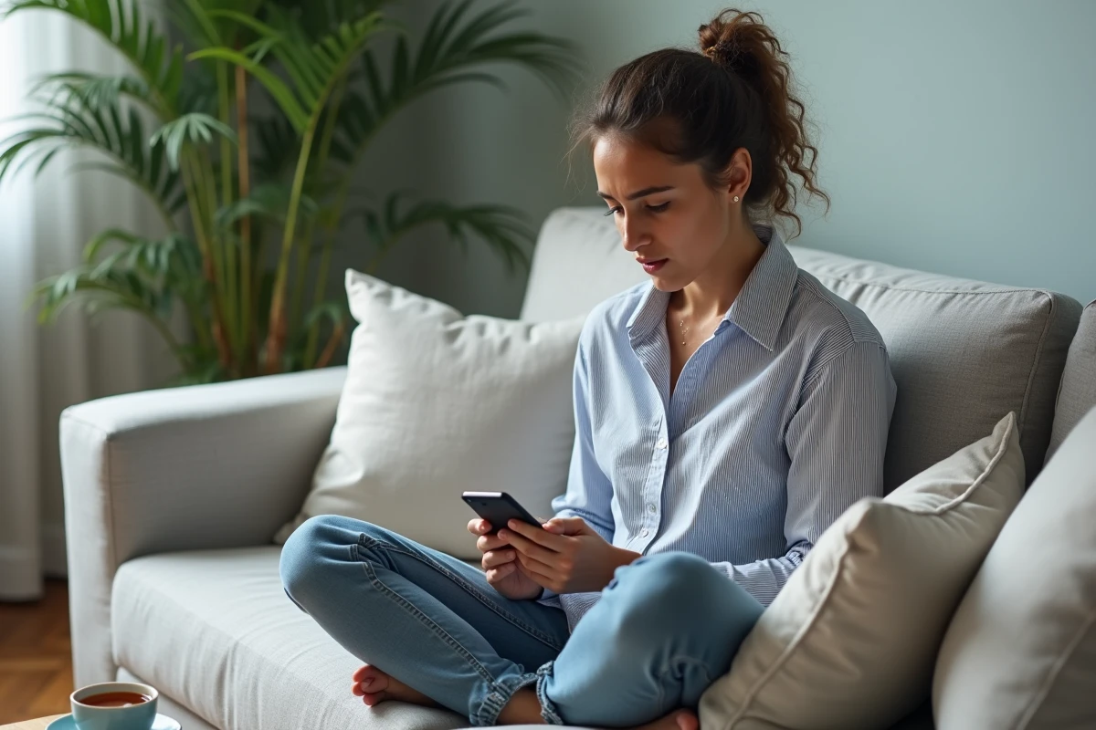 Jeune femme consultant son smartphone sur un canapé, hésitant entre trouver la solution de Pédantix ou continuer à réfléchir par elle-même
