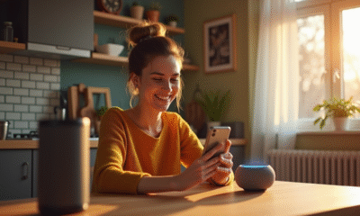 Femme souriante utilisant son smartphone dans la cuisine au matin