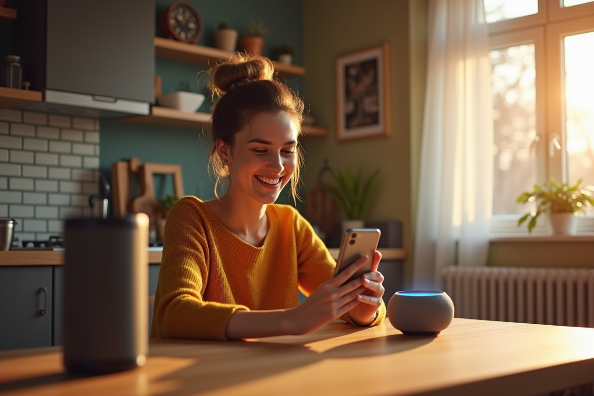 Femme souriante utilisant son smartphone dans la cuisine au matin
