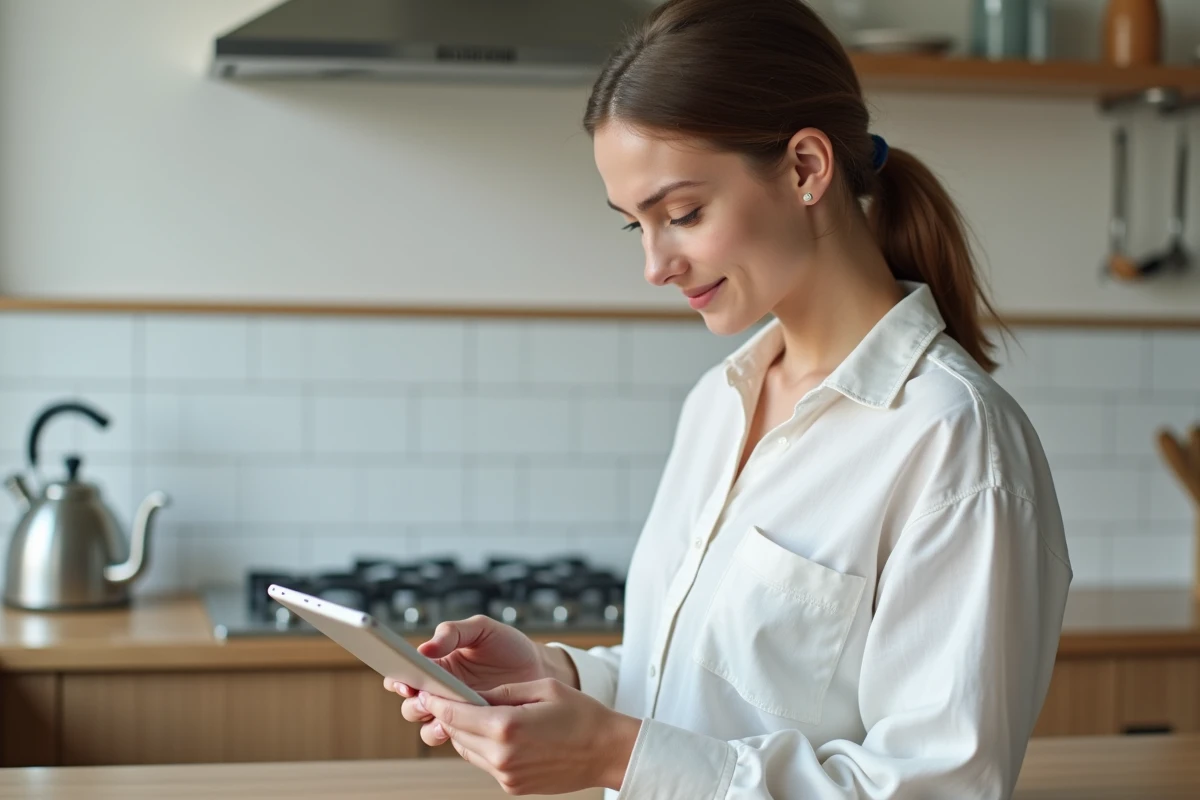 Jeune femme consultant les alternatives au service client AliExpress sur une tablette dans sa cuisine