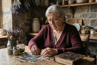 Femme âgée examinant des cartes de tarot et des herbes séchées sur une table en bois, illustrant les croyances populaires autour des sorts et de la magie