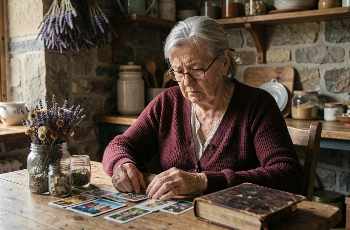 Femme âgée examinant des cartes de tarot et des herbes séchées sur une table en bois, illustrant les croyances populaires autour des sorts et de la magie