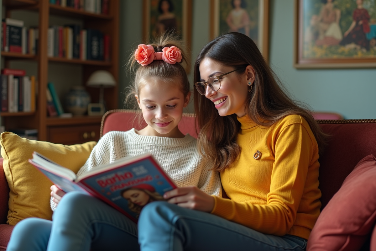 Mère et fille discutant mode à la maison sur un canapé vintage