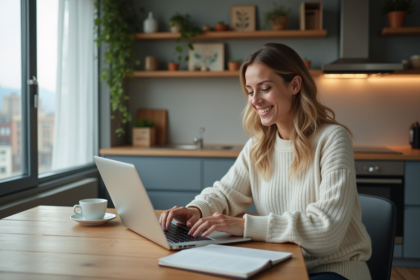 Femme assise à une table de cuisine moderne en train de travailler