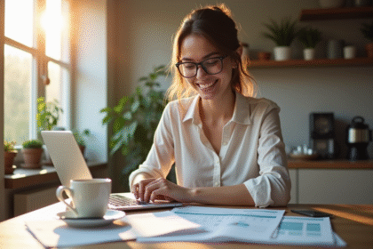 Jeune femme professionnelle souriante avec documents financiers