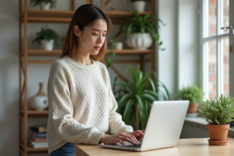 Femme travaillant sur son ordinateur dans un bureau lumineux