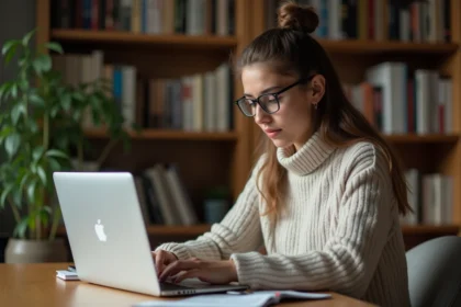 Jeune femme concentrée sur son ordinateur à la maison