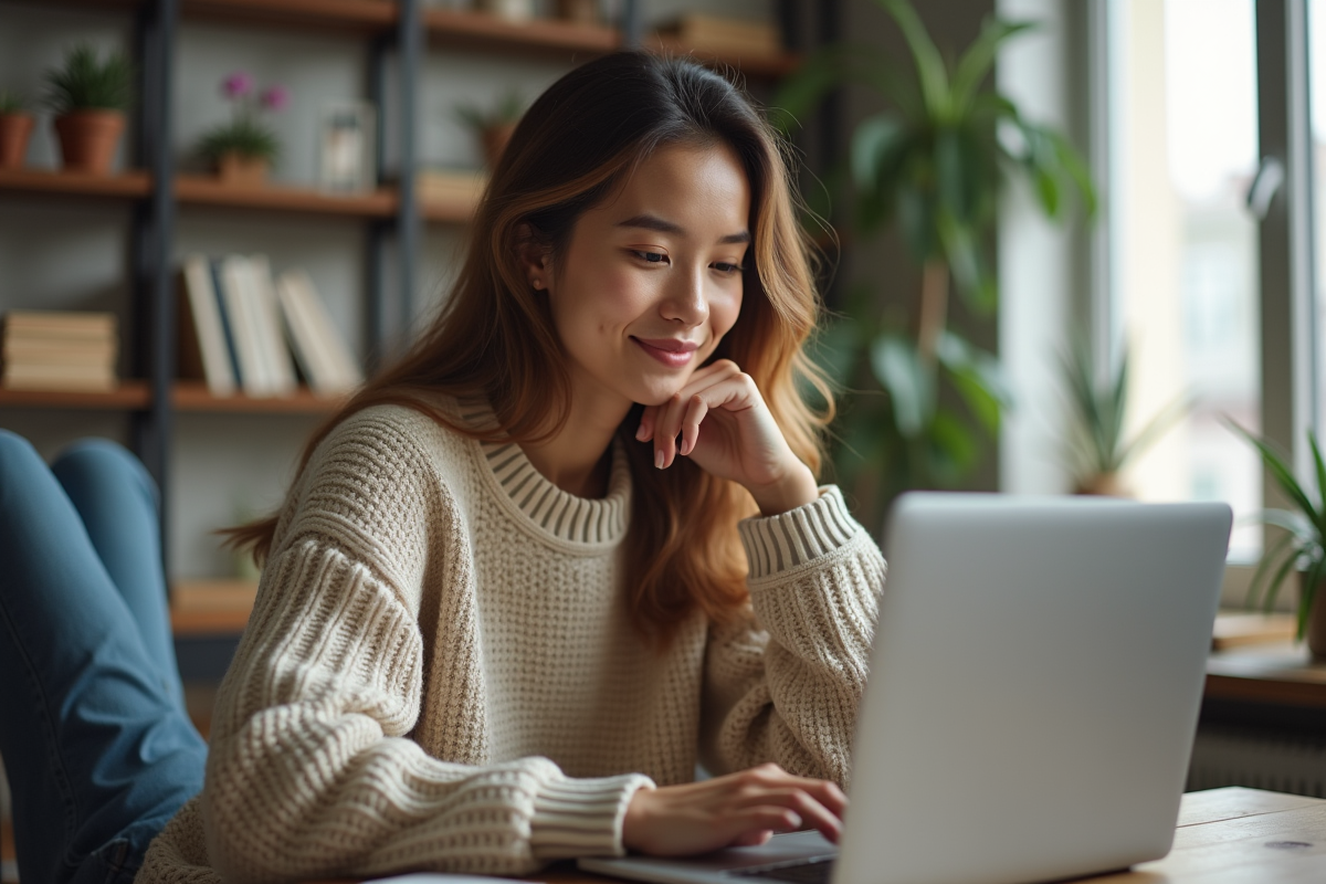 Jeune femme travaillant à domicile sur son ordinateur
