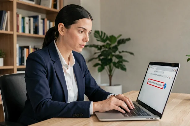 Femme analysant une URL suspecte sur son ordinateur portable pour éviter les arnaques en ligne en 2026