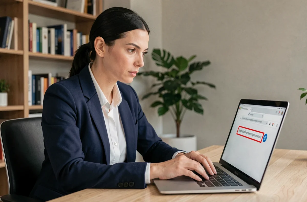 Femme analysant une URL suspecte sur son ordinateur portable pour éviter les arnaques en ligne en 2026