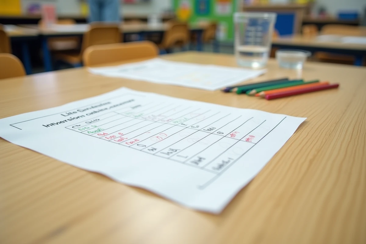 Fiches de conversion litres en cm3 avec matériel pédagogique sur une table de classe primaire