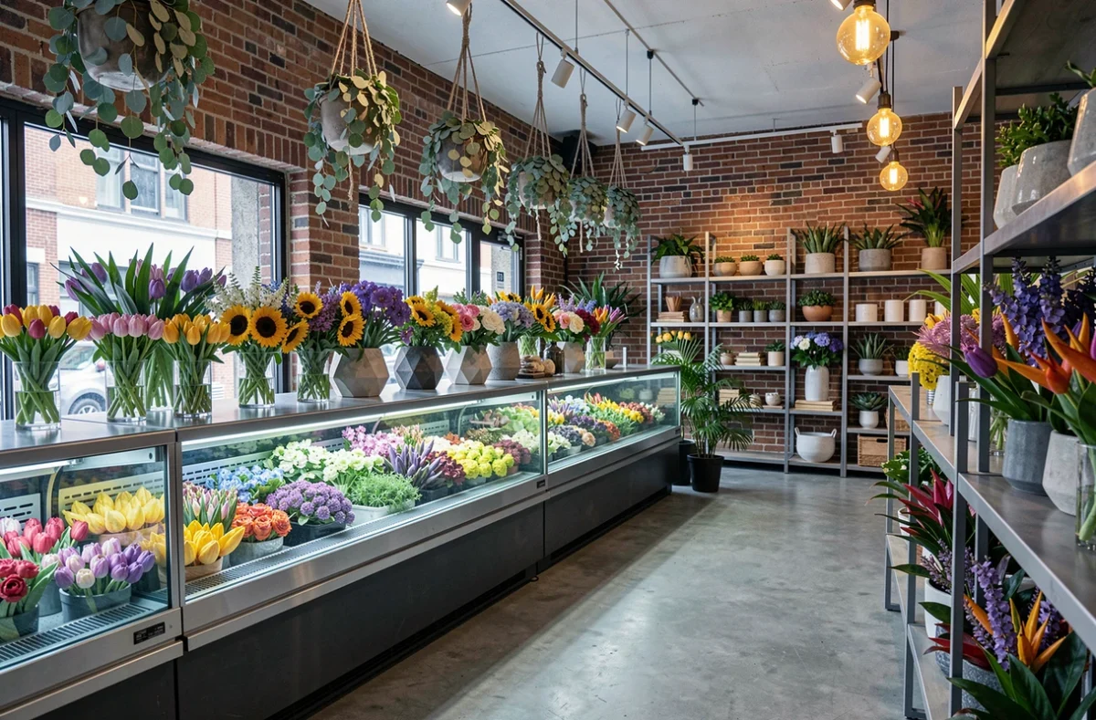 Intérieur moderne de la boutique Flor'Halle à Lens avec des fleurs exotiques et des murs en briques apparentes