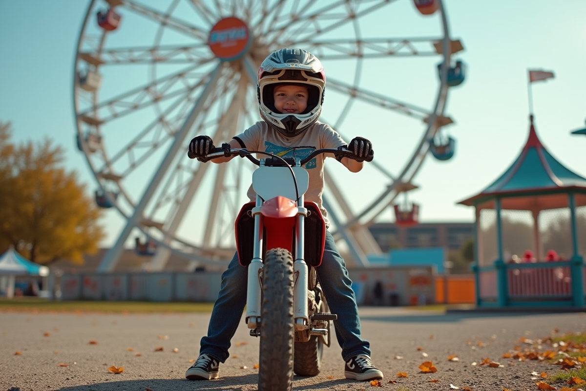 Jeune garçon en équipement motocross ajustant son guidon près de la grande roue