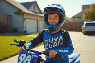 Garçon souriant avec casque et maillot motocross à côté d'une moto Yamaha PW 80