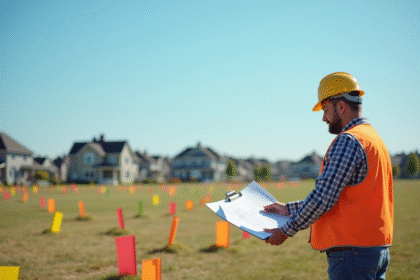Geometre dans un champ examine plans de construction