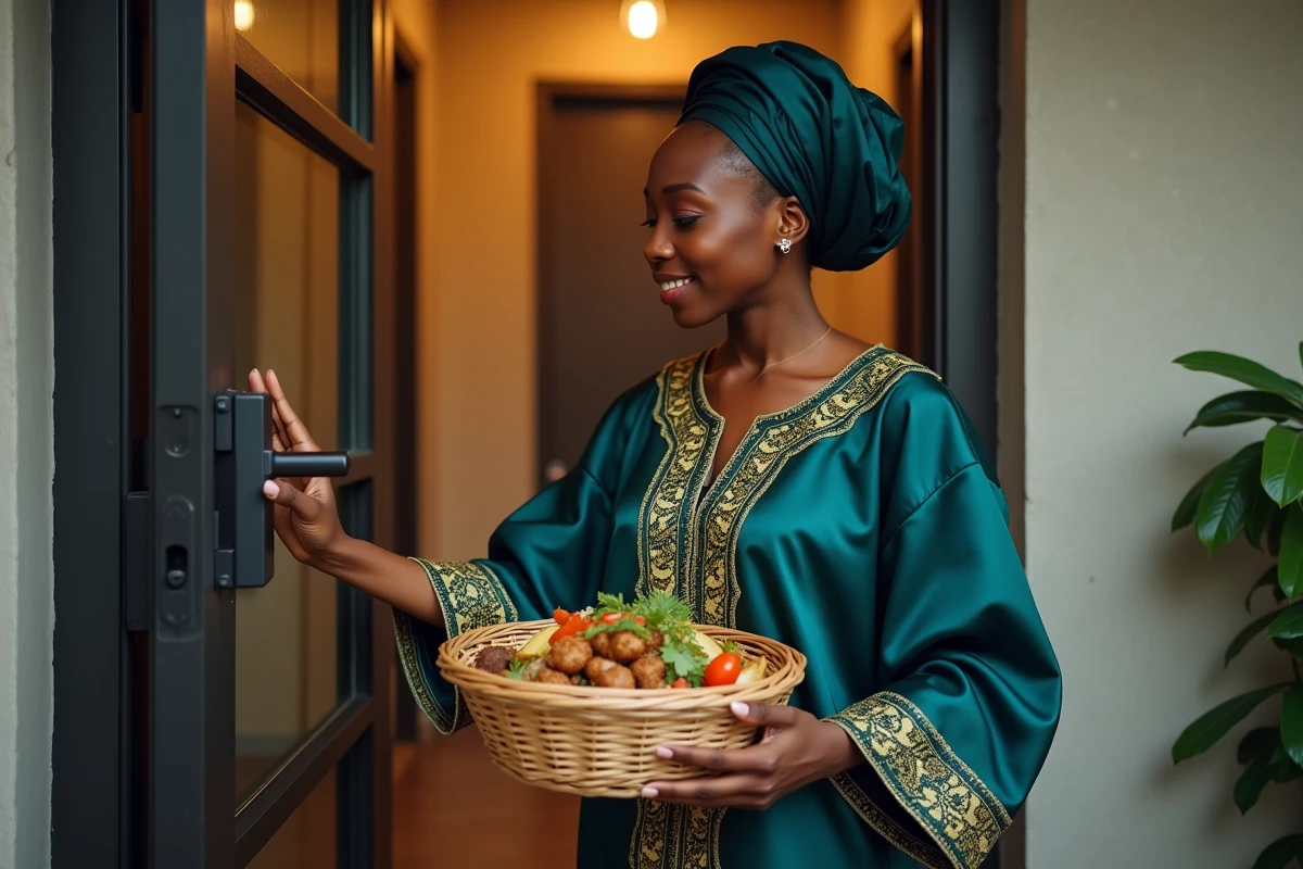 Jeune femme en boubou brodé déposant un repas fait maison devant la porte d'un voisin pour célébrer le Ramadan avec générosité