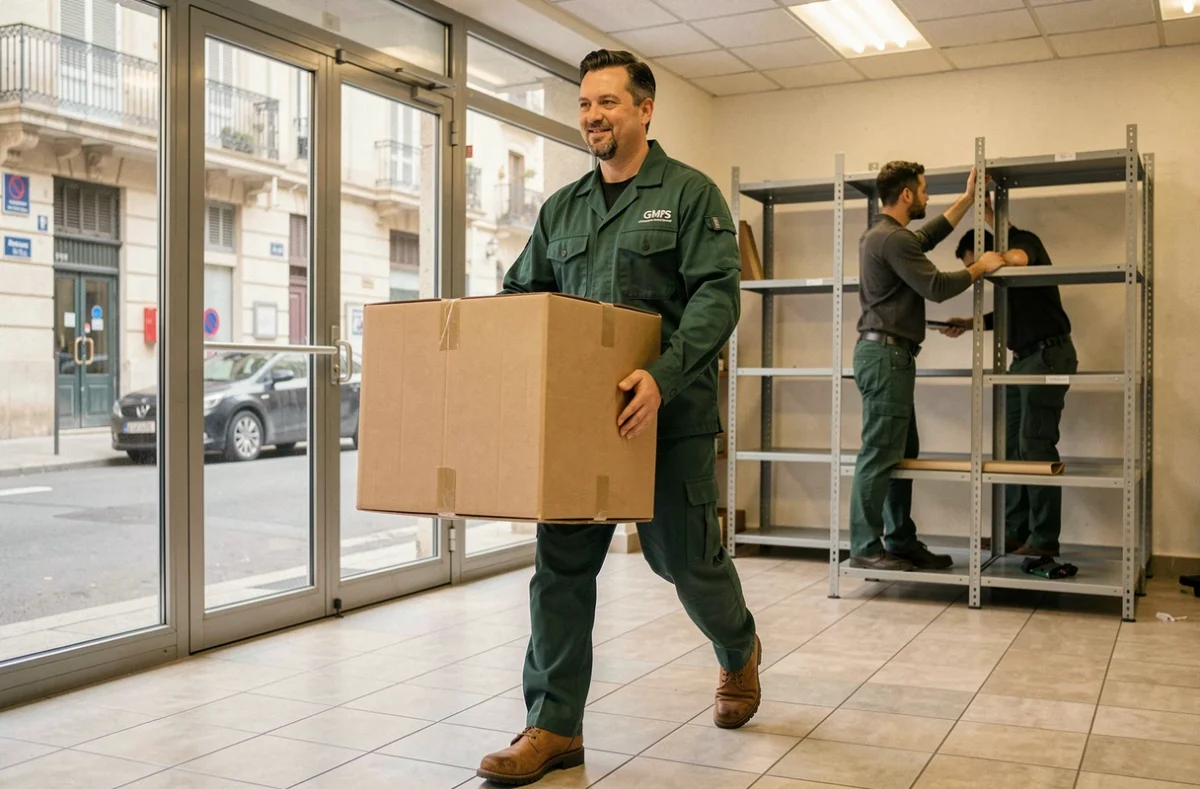 Agent GMPS transportant des cartons lors d'un débarras multi-services dans un bâtiment commercial