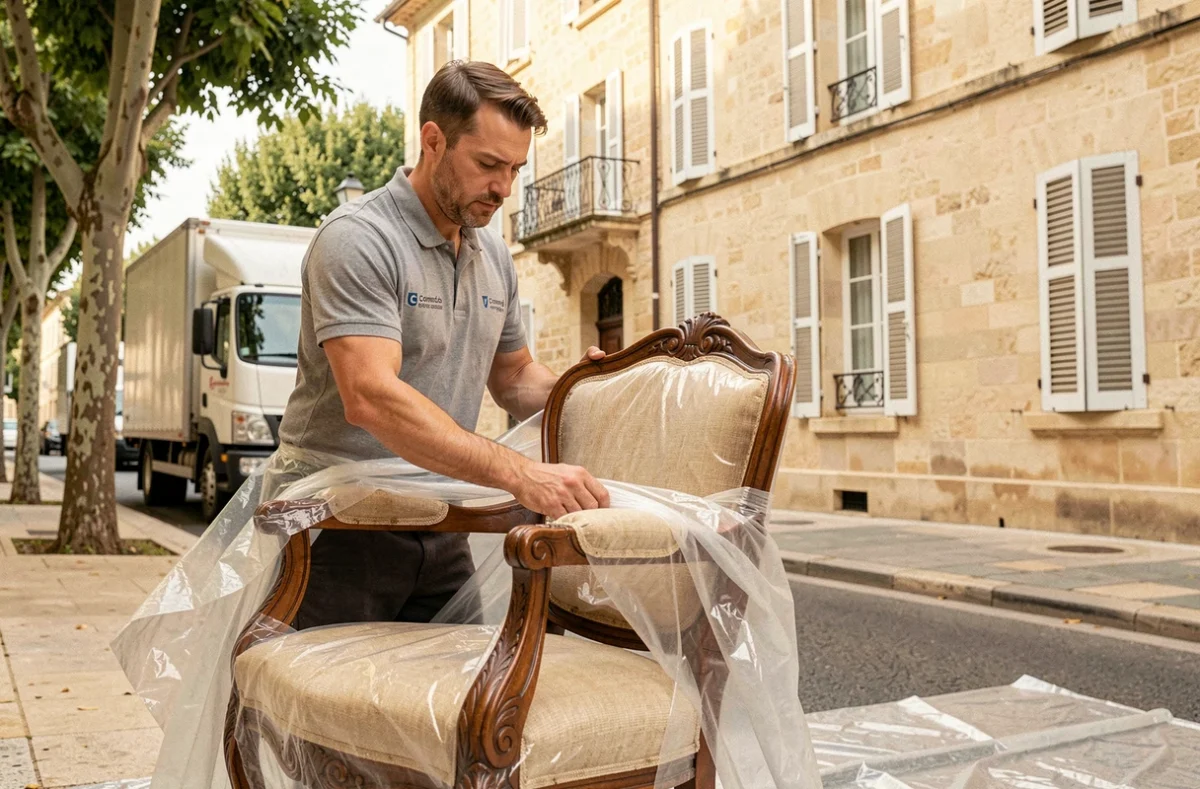 Professionnel de Gregory Tron enveloppant un fauteuil ancien lors d'un débarras et déménagement à Aix-en-Provence