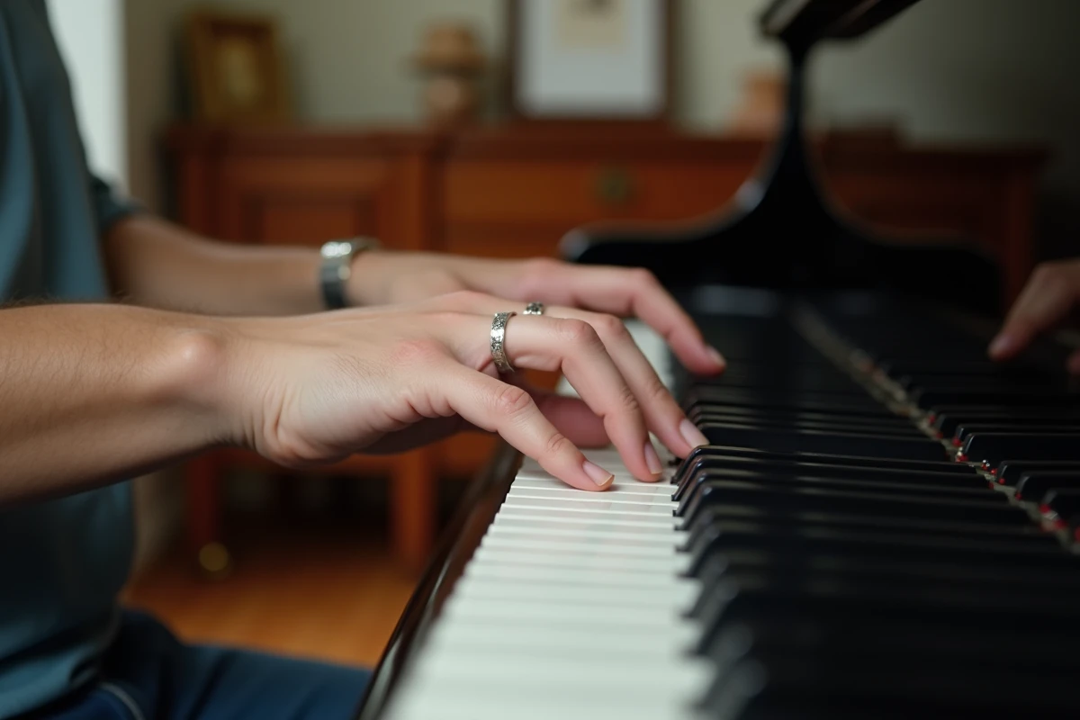 Gros plan des mains d'un pianiste positionnées sur les touches du piano pour jouer les accords de Je Te Promets
