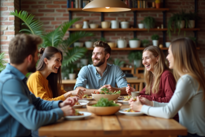 Groupe d'amis partageant un repas dans une cuisine moderne